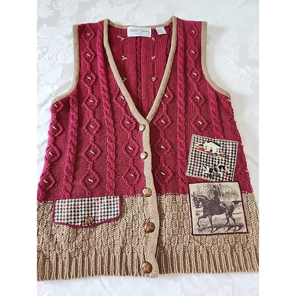 Vtg. Sharon Young Sportswear Granny Vest Womens Small Fox Hunt, EUC - Picture 7 of 7